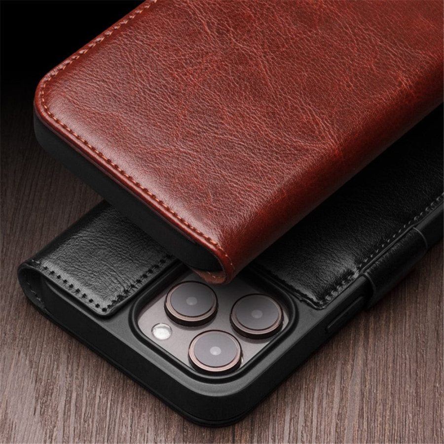 QIALINO For iPhone 15 Case Genuine Leather Stand Wallet Magnetic Closure Cover