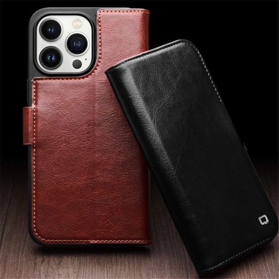 QIALINO For iPhone 15 Case Genuine Leather Stand Wallet Magnetic Closure Cover