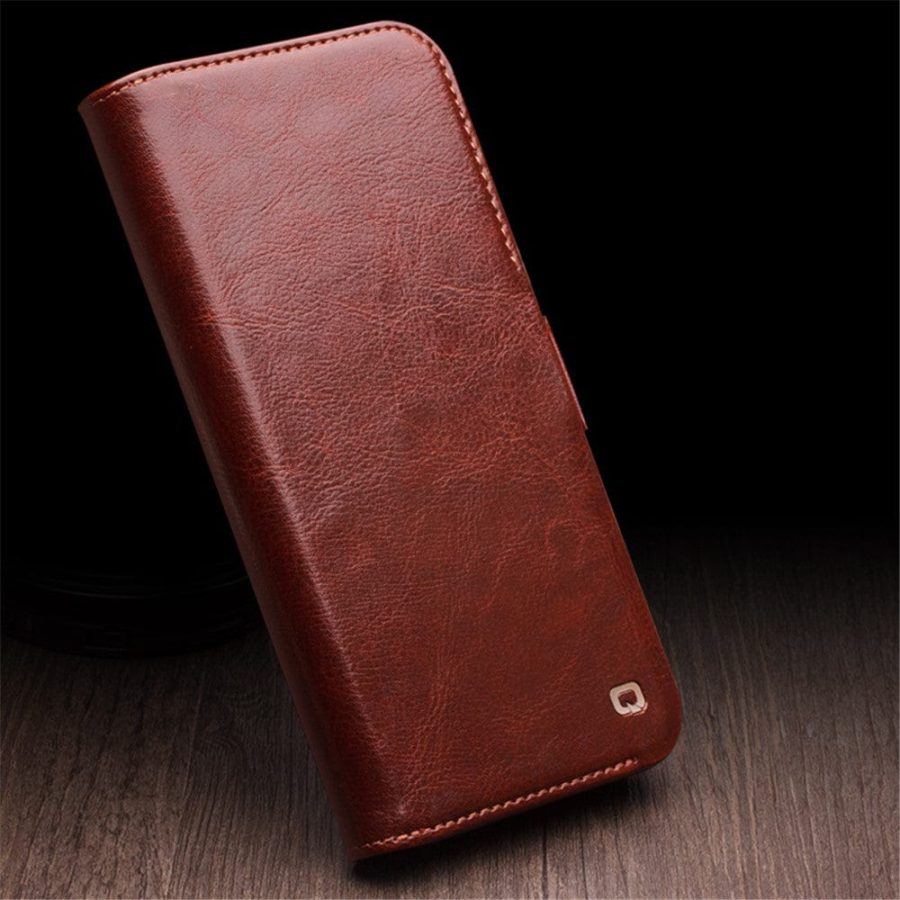 QIALINO For iPhone 15 Case Genuine Leather Stand Wallet Magnetic Closure Cover