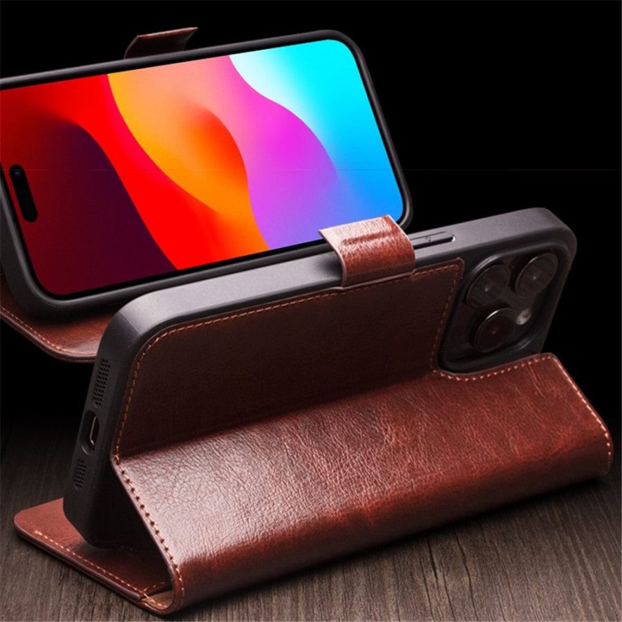 QIALINO For iPhone 15 Case Genuine Leather Stand Wallet Magnetic Closure Cover
