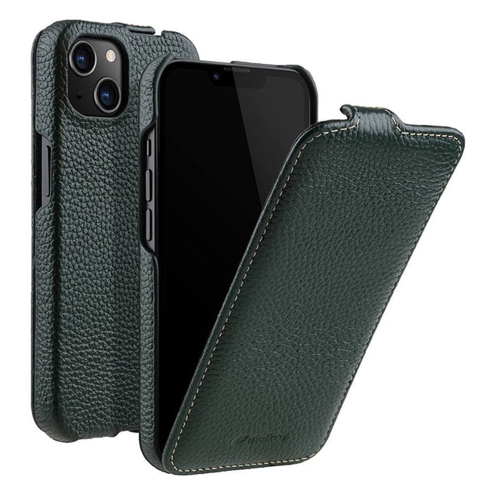 MELKCO For iPhone 13 Flip Case Genuine Leather Vertical Phone Cover