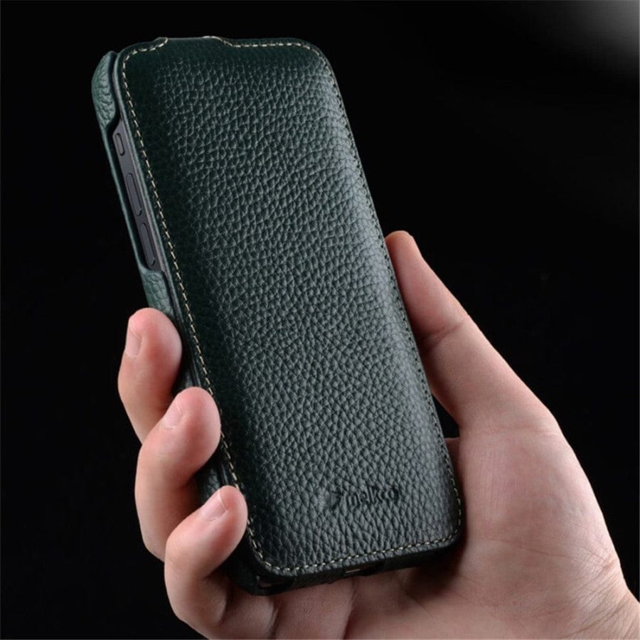 MELKCO For iPhone 13 Flip Case Genuine Leather Vertical Phone Cover
