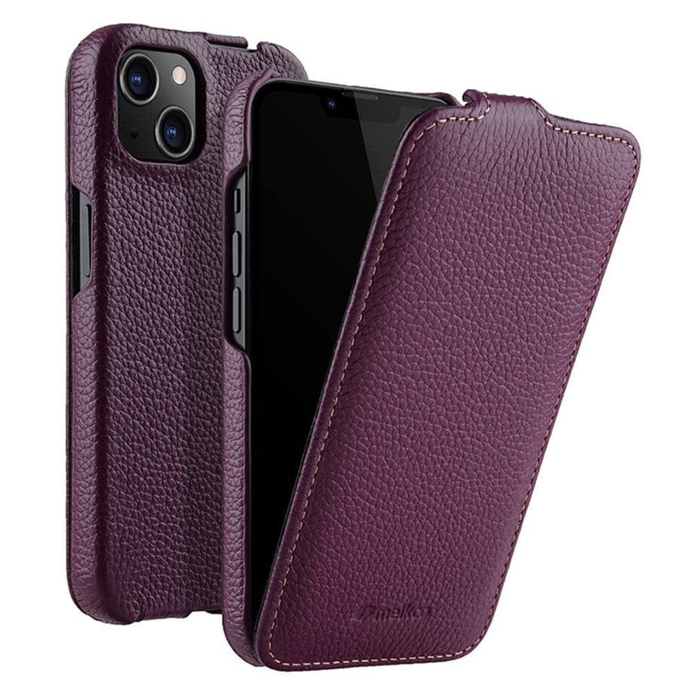 MELKCO For iPhone 13 Flip Case Genuine Leather Vertical Phone Cover - Image 10