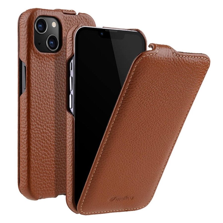 MELKCO For iPhone 13 Flip Case Genuine Leather Vertical Phone Cover