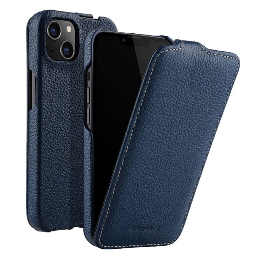 MELKCO For iPhone 13 Mini Flip Case Genuine Leather Vertical Phone Cover