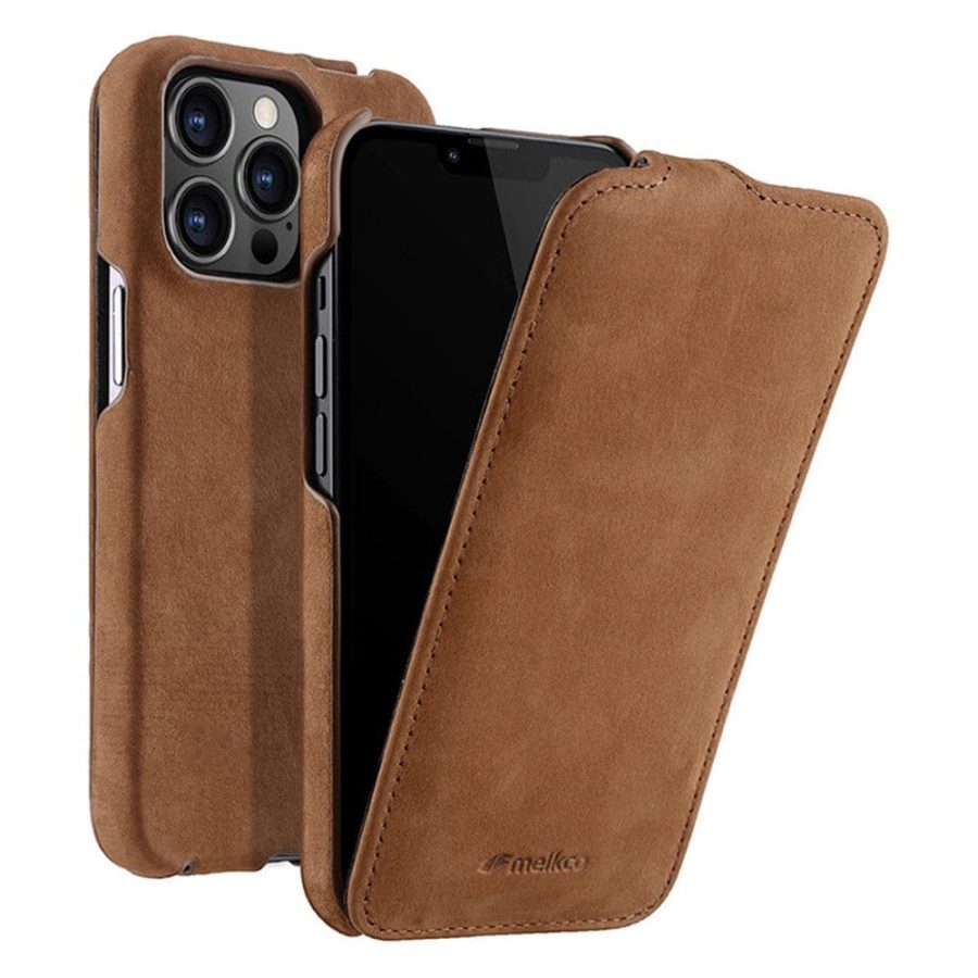 MELKCO For iPhone 13 Pro Flip Case Genuine Leather Vertical Phone Cover