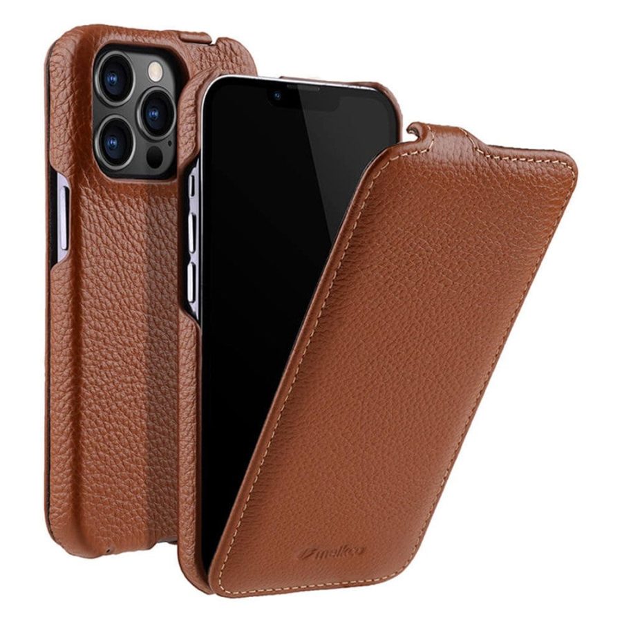 MELKCO For iPhone 13 Pro Flip Case Genuine Leather Vertical Phone Cover
