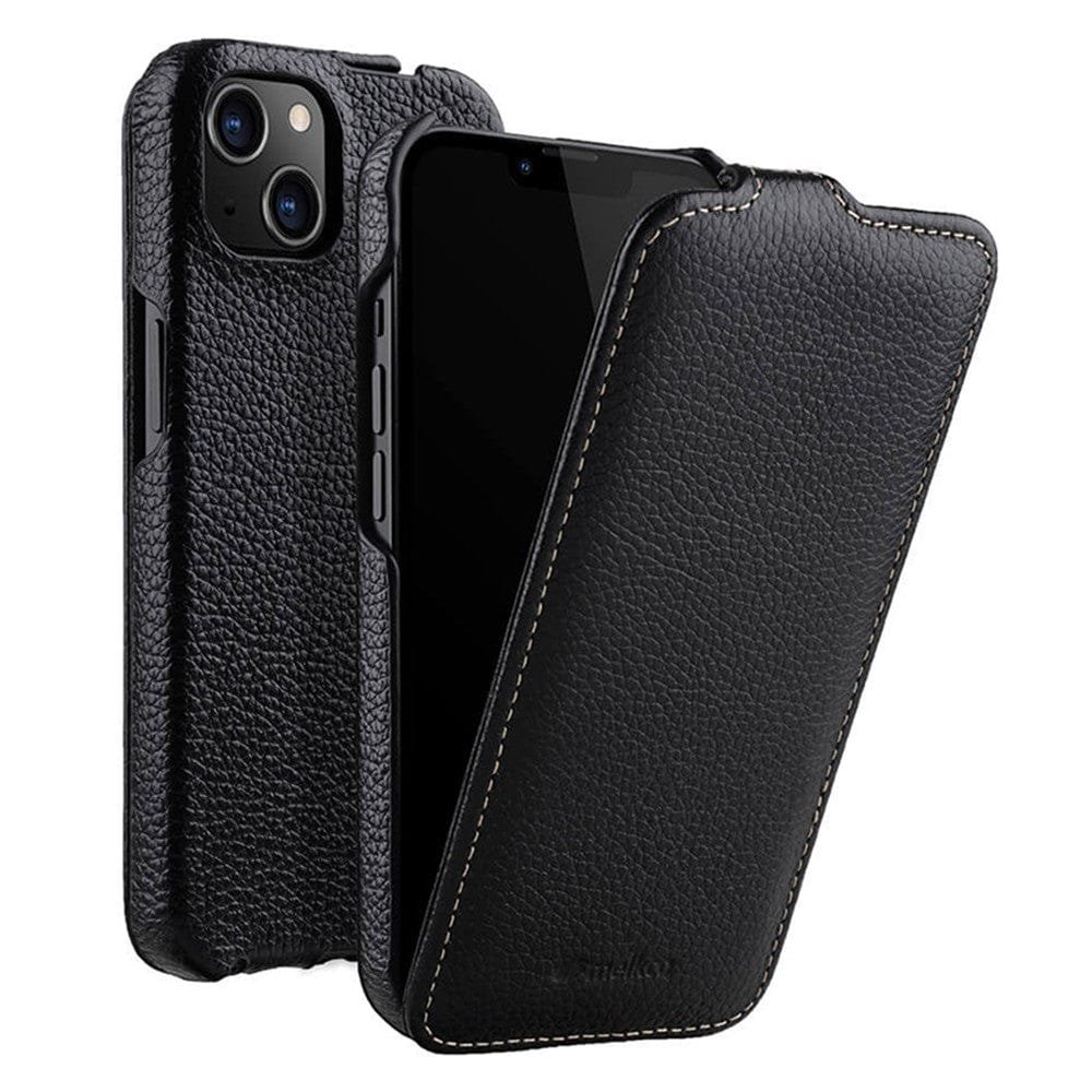 MELKCO For iPhone 14 Flip Case Genuine Leather Vertical Phone Cover