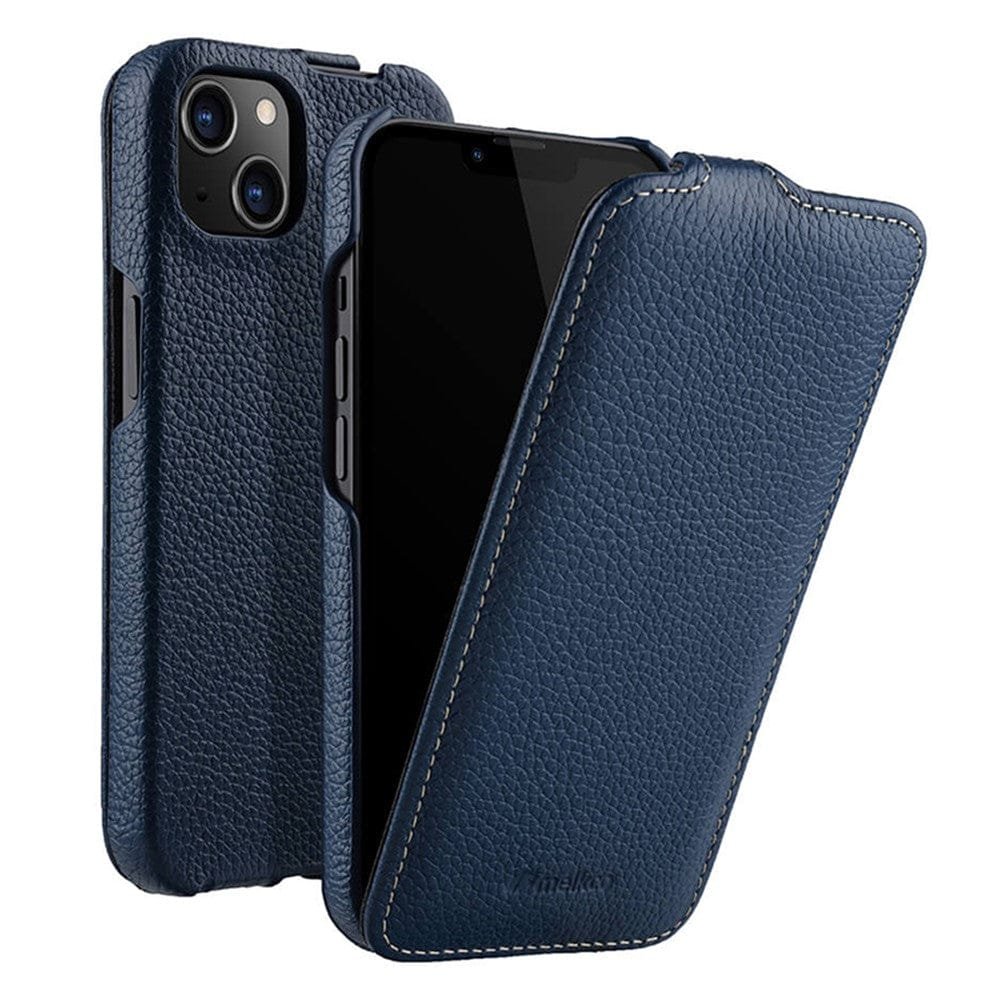 MELKCO For iPhone 14 Flip Case Genuine Leather Vertical Phone Cover - Image 7