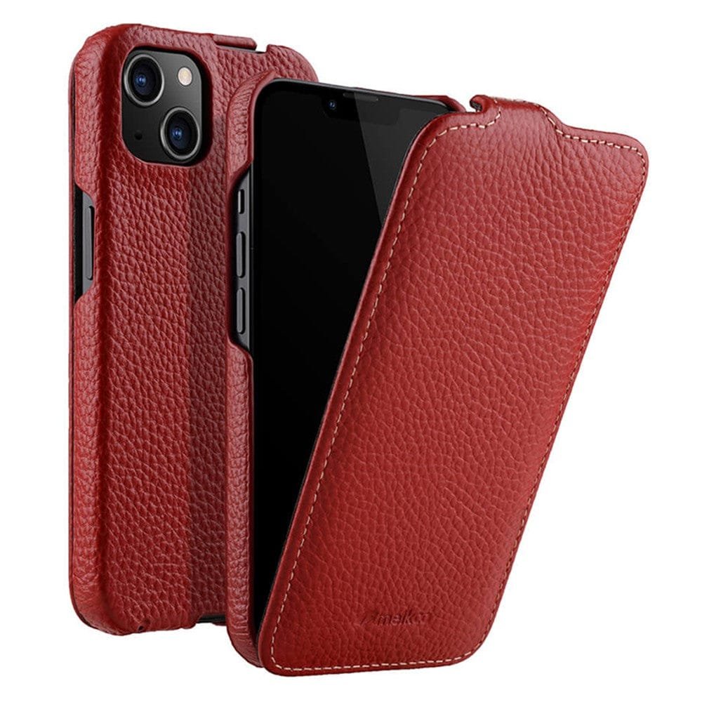 MELKCO For iPhone 14 Flip Case Genuine Leather Vertical Phone Cover - Image 9