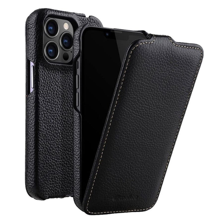 MELKCO For iPhone 14 Pro Flip Case Genuine Leather Vertical Phone Cover