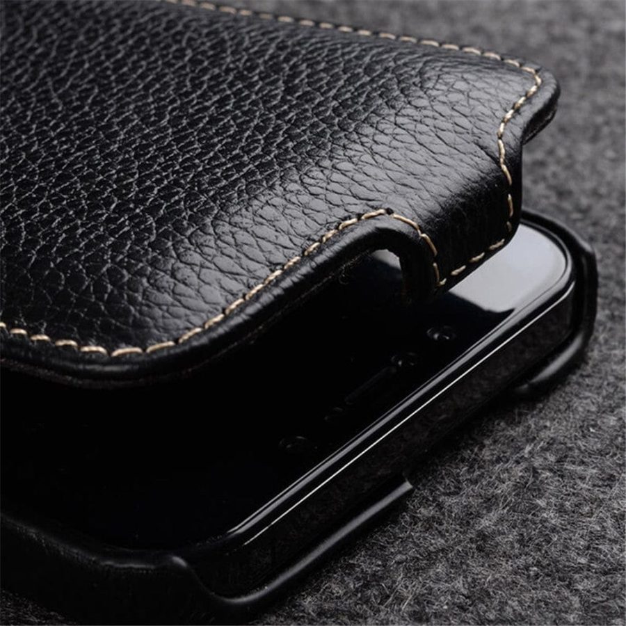 MELKCO For iPhone 14 Plus Flip Case Genuine Leather Vertical Phone Cover