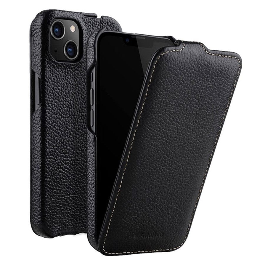 MELKCO For iPhone 14 Plus Flip Case Genuine Leather Vertical Phone Cover