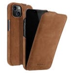 MELKCO For iPhone 14 Plus Flip Case Genuine Leather Vertical Phone Cover