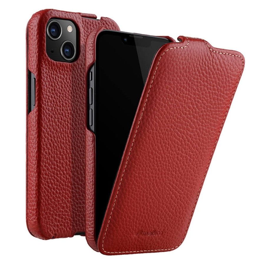 MELKCO For iPhone 14 Plus Flip Case Genuine Leather Vertical Phone Cover