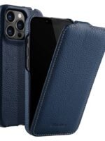 MELKCO For iPhone 12 | iPhone 12 Pro Flip Case Genuine Cow Leather Vertical Phone Cover Dark Blue iPhone 12 | iPhone 12 Pro by The Case Factory