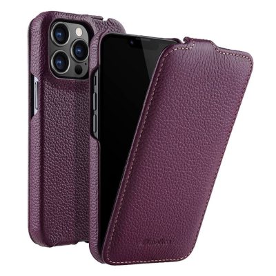 MELKCO For iPhone 14 Pro Max Flip Case Genuine Leather Vertical Phone Cover