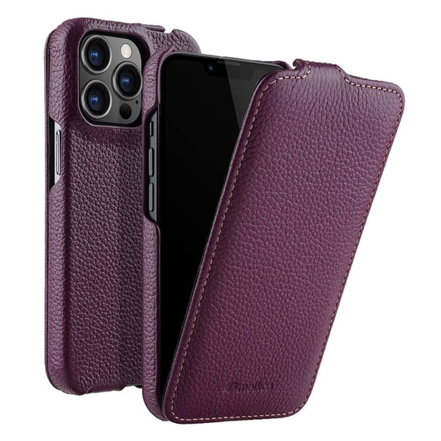 MELKCO For iPhone 14 Pro Max Flip Case Genuine Leather Vertical Phone Cover