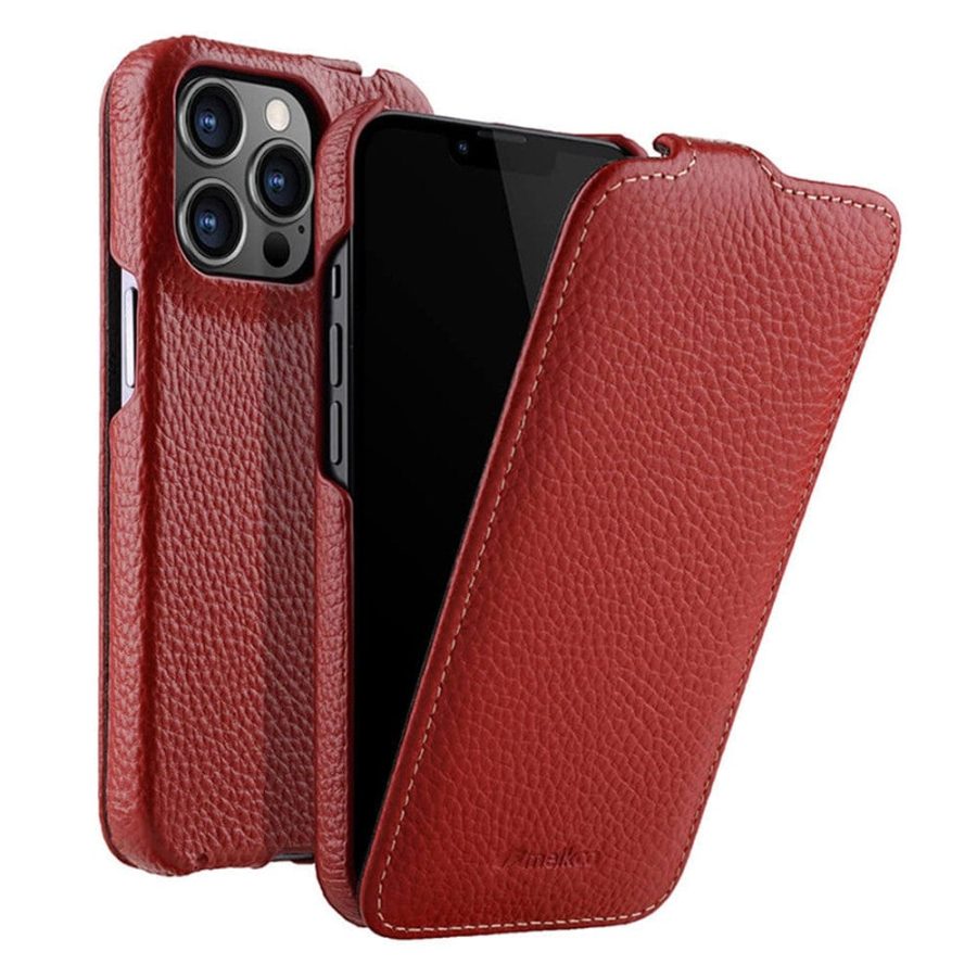 MELKCO For iPhone 14 Pro Max Flip Case Genuine Leather Vertical Phone Cover