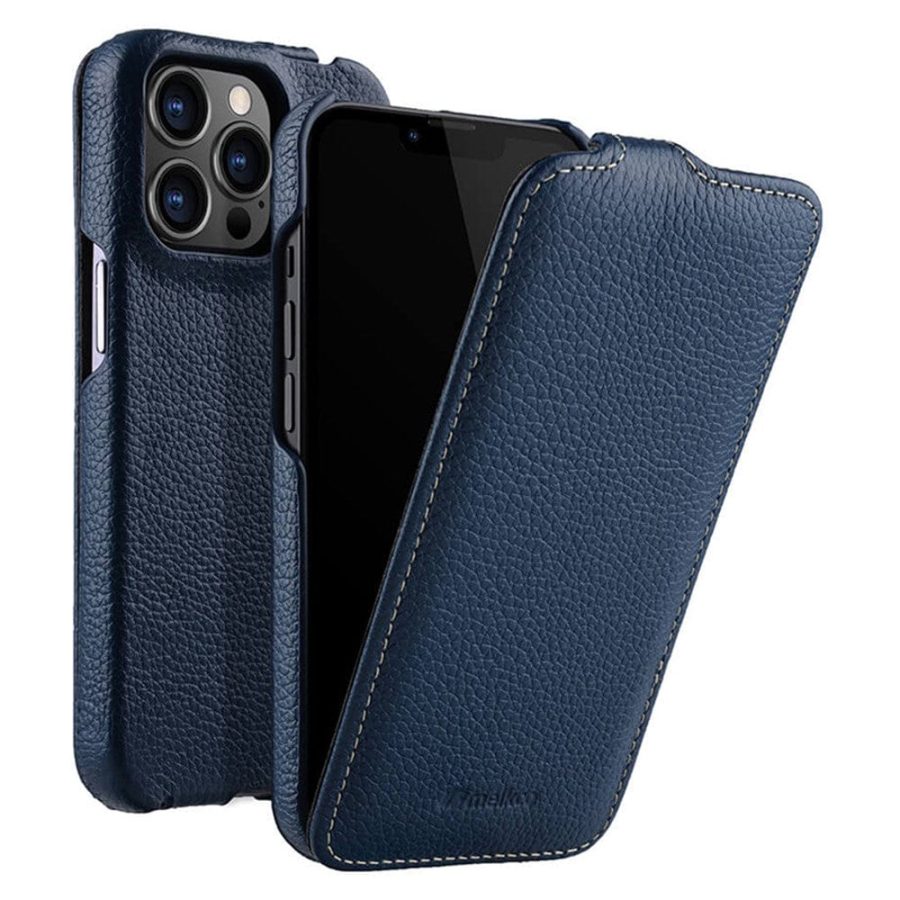 MELKCO For iPhone 13 Pro Max Flip Case Genuine Leather Vertical Phone Cover
