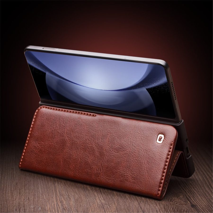 660155362A-4 QIALINO for Samsung Galaxy Z Fold5 Wallet Case Waxy Genuine Cow Leather Flip Phone Cover