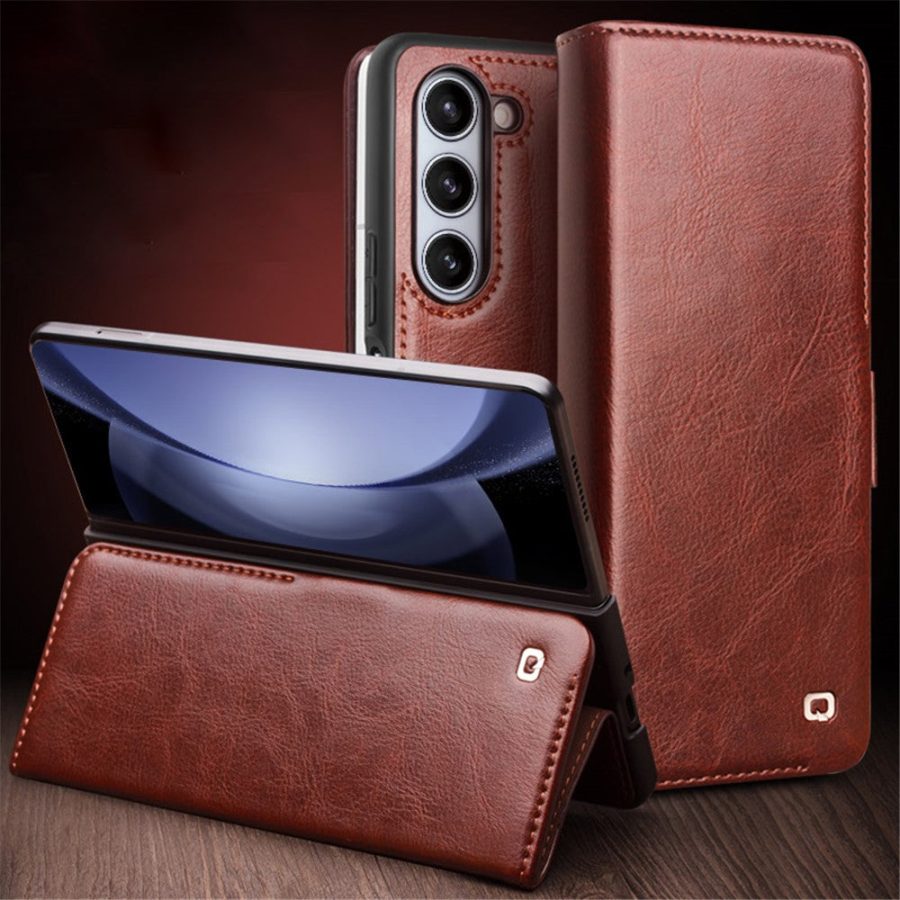 660155362A-5 QIALINO for Samsung Galaxy Z Fold5 Wallet Case Waxy Genuine Cow Leather Flip Phone Cover