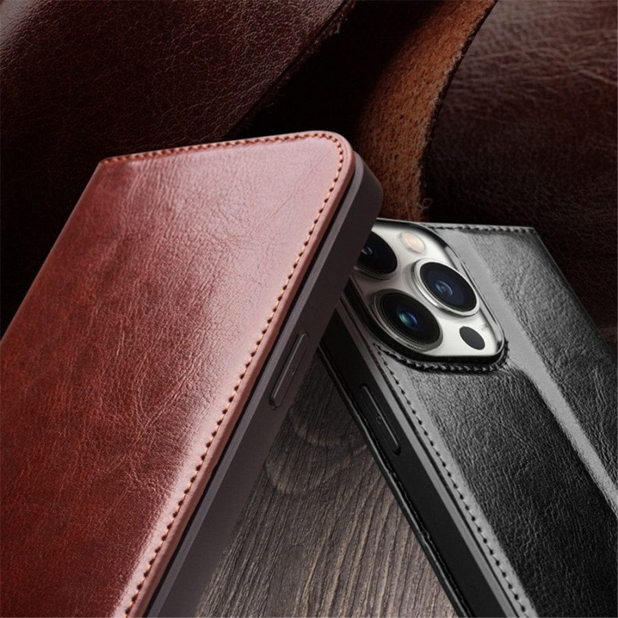660158114A-6 QIALINO For iPhone 15 Pro Genuine Leather Flip Case Full Protection Wallet Cover