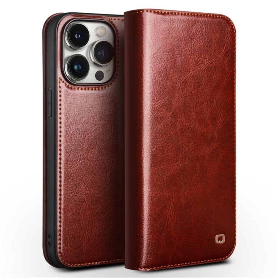 660158114B-1 QIALINO For iPhone 15 Pro Genuine Leather Flip Case Full Protection Wallet Cover