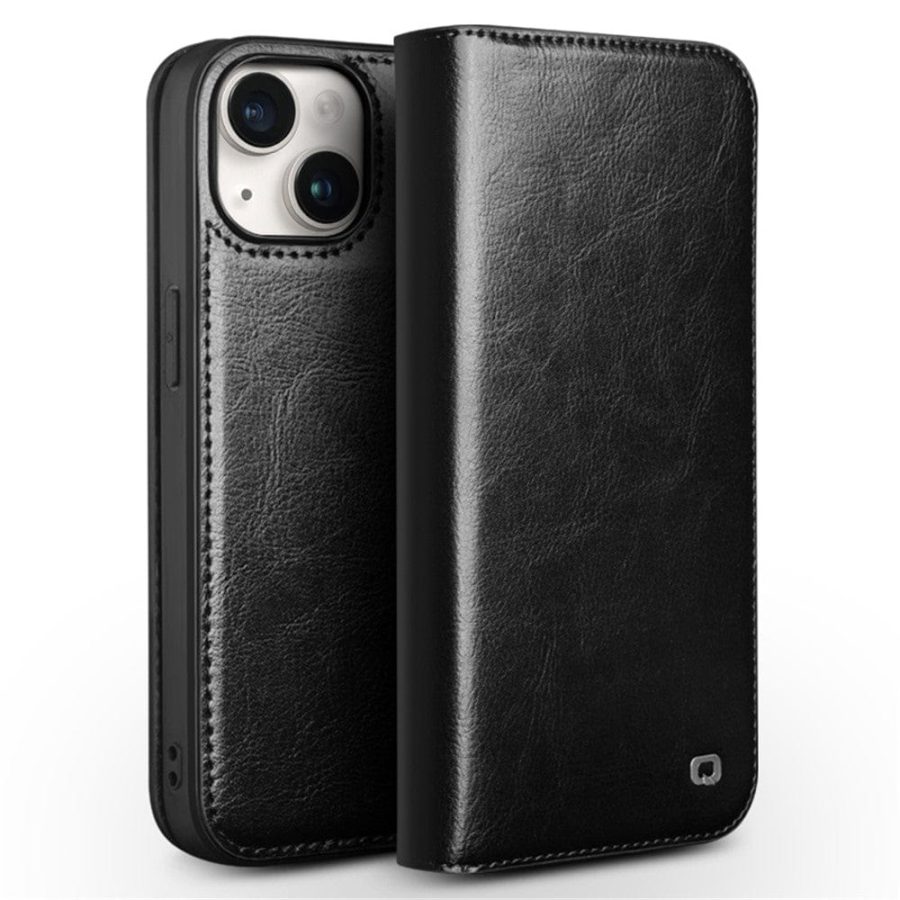QIALINO For iPhone 15 Plus Case Anti-Drop Genuine Leather Stand Wallet Flip Phone Cover