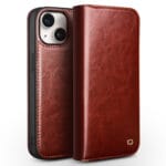 QIALINO For iPhone 15 Plus Case Anti-Drop Genuine Leather Stand Wallet Flip Phone Cover