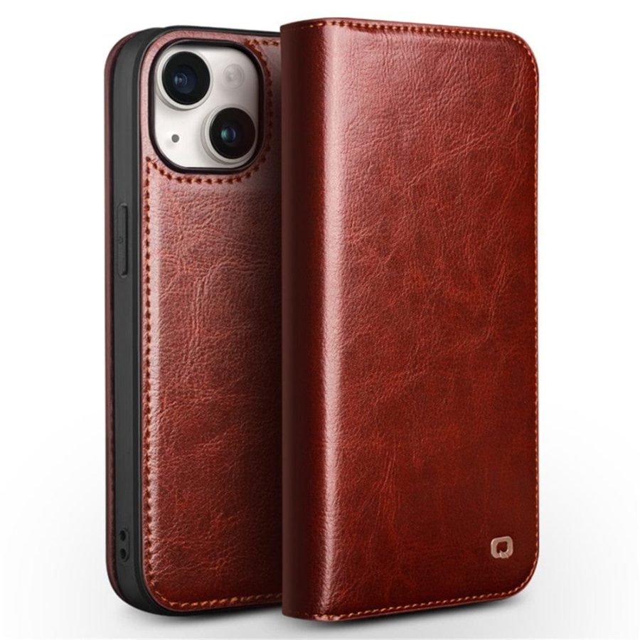 QIALINO For iPhone 15 Plus Case Anti-Drop Genuine Leather Stand Wallet Flip Phone Cover