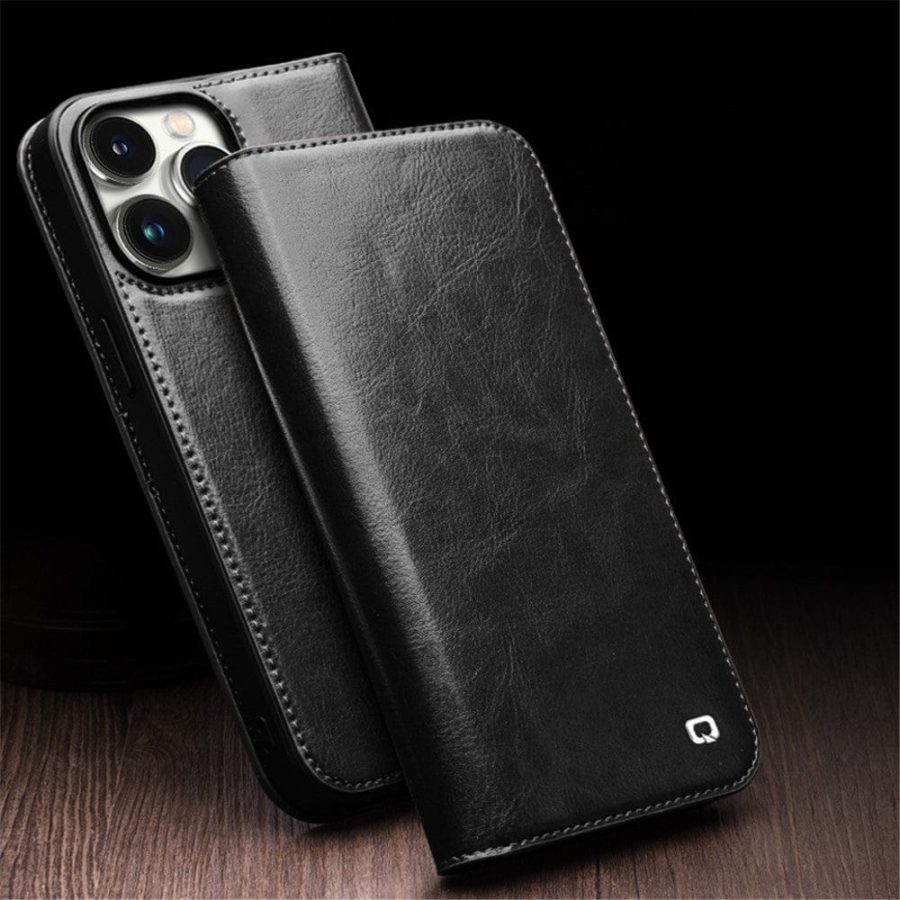 QIALINO For iPhone 15 Pro Max Case Genuine Leather Folio Wallet Phone Cover