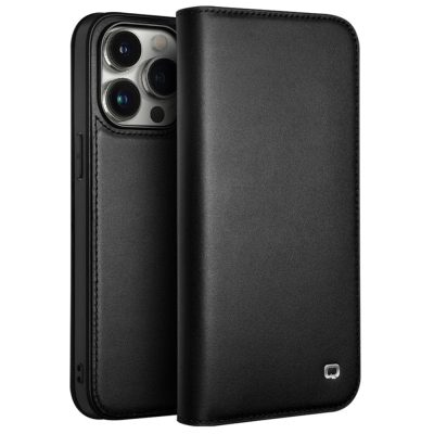 QIALINO For iPhone 15 Pro Case Drop-Proof Genuine Leather Phone Stand Cover