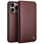QIALINO For iPhone 15 Pro Case Drop-Proof Genuine Leather Phone Stand Cover