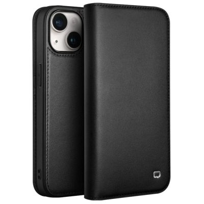 QIALINO For iPhone 15 Case Anti-Scratch Wallet Genuine Leather Phone Cover