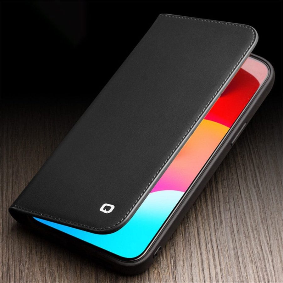660160086A-5 QIALINO For iPhone 15 Case Anti-Scratch Wallet Genuine Leather Phone Cover