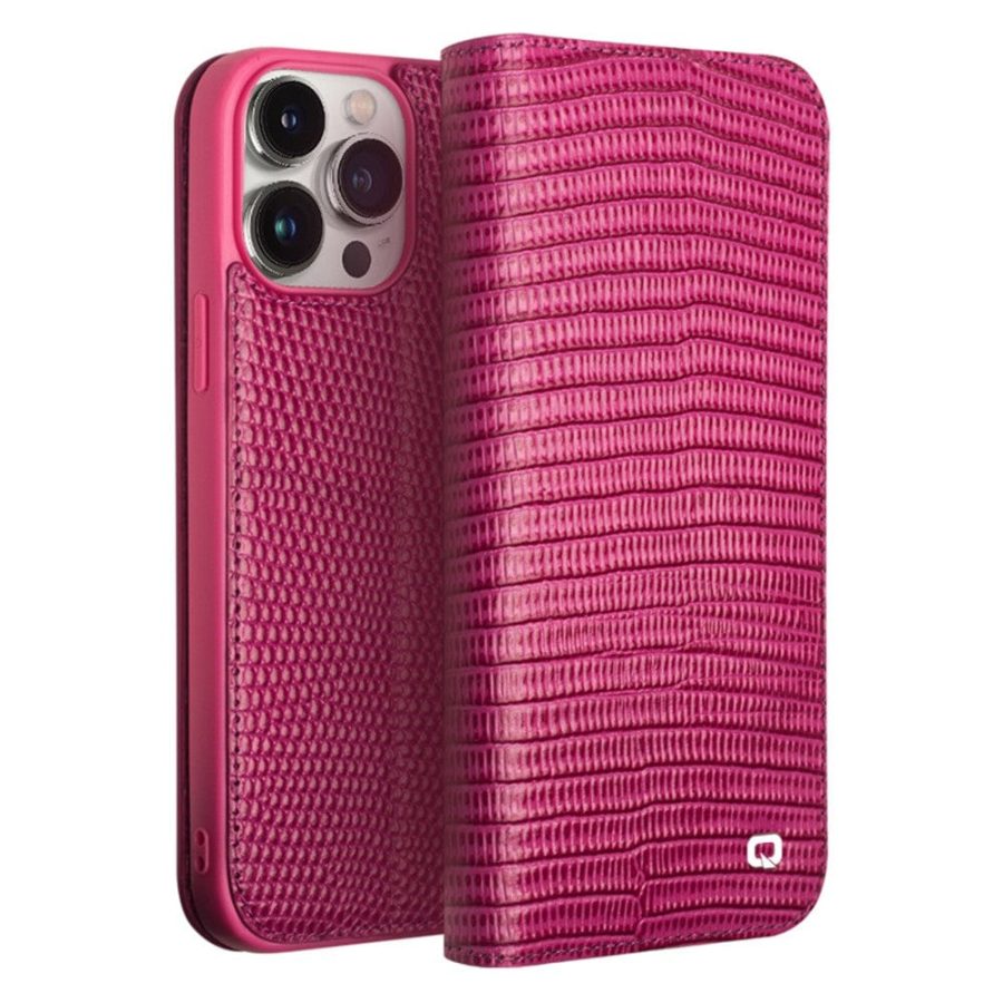 660160087A-1 QIALINO For iPhone 15 Pro Max Genuine Leather Phone Cover Crocodile Texture Stand Wallet Case