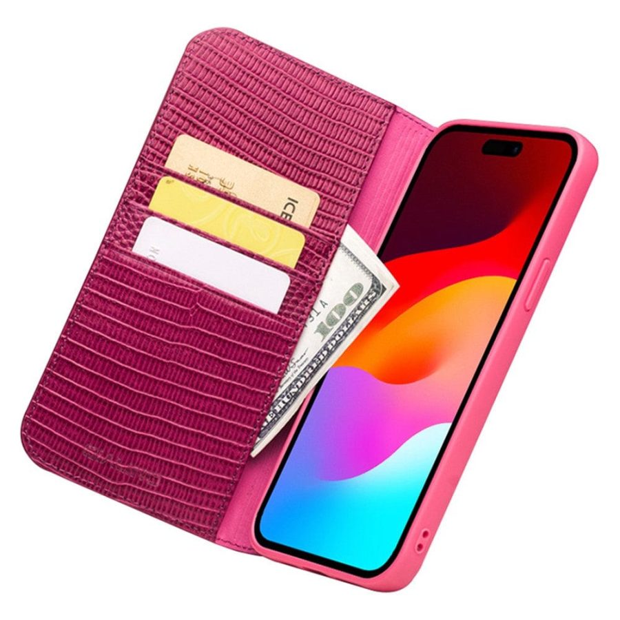 660160087A-2 QIALINO For iPhone 15 Pro Max Genuine Leather Phone Cover Crocodile Texture Stand Wallet Case
