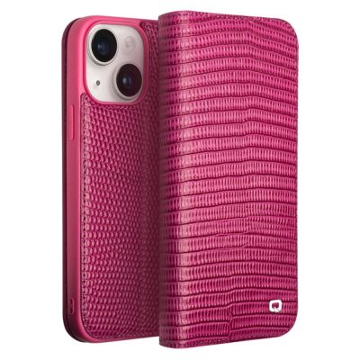 QIALINO For iPhone 15 Plus Crocodile Texture Phone Case Genuine Leather Wallet Stand Cover