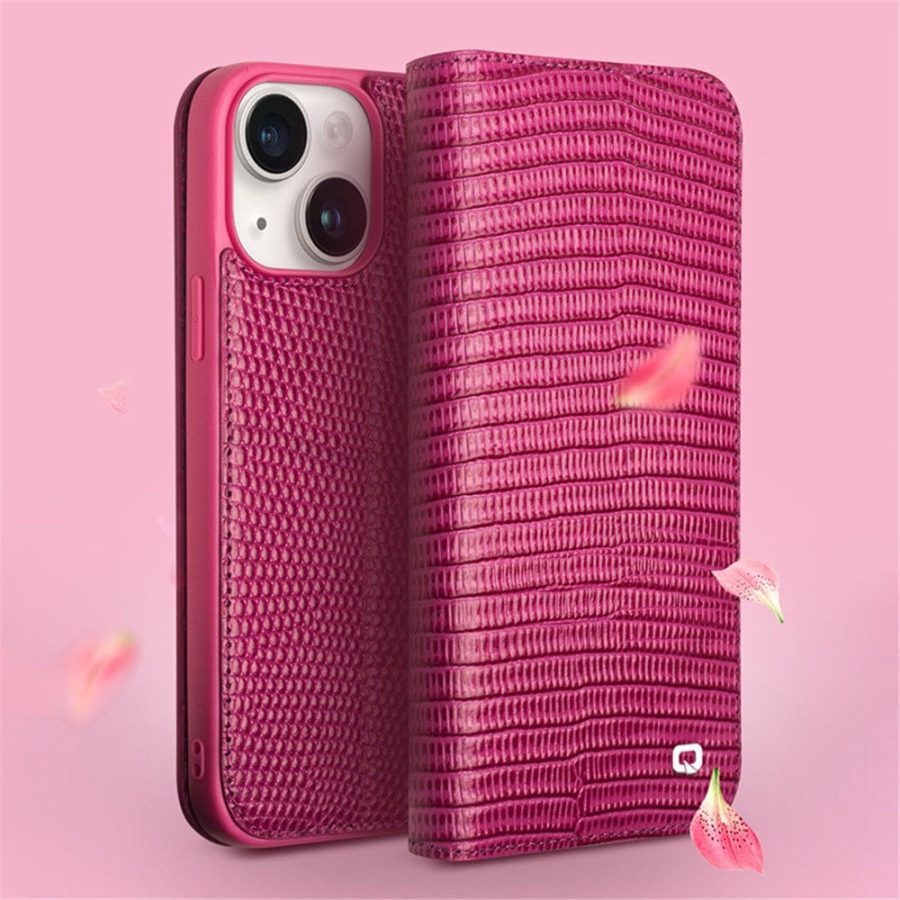 660160089A-6 QIALINO For iPhone 15 Plus Crocodile Texture Phone Case Genuine Leather Wallet Stand Cover