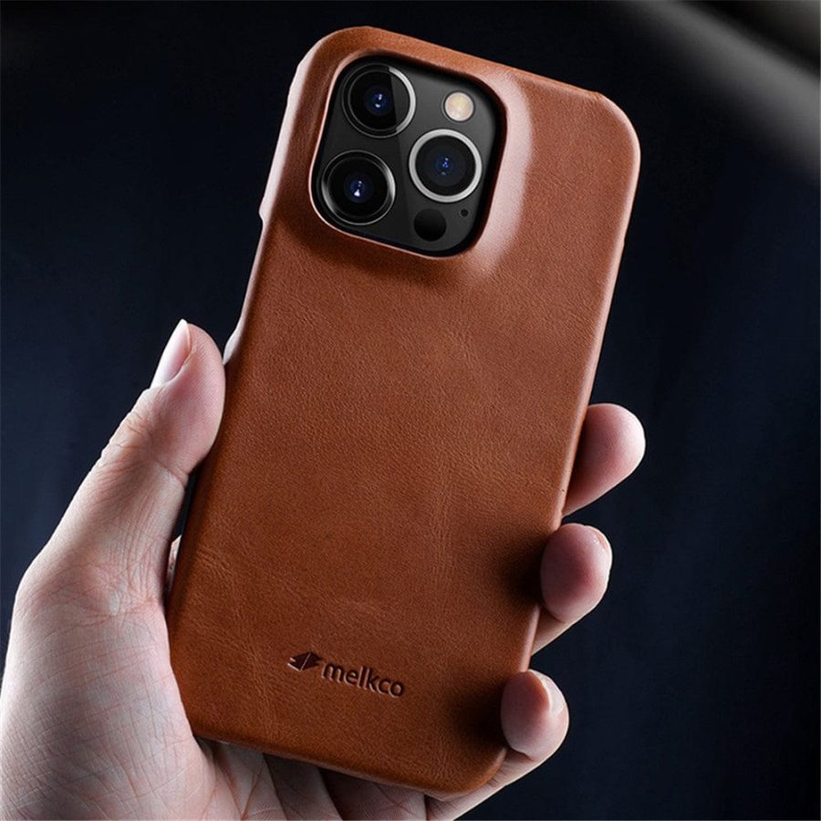 MELKCO For iPhone 15 Pro Max Case Waxy Genuine Leather Phone Cover