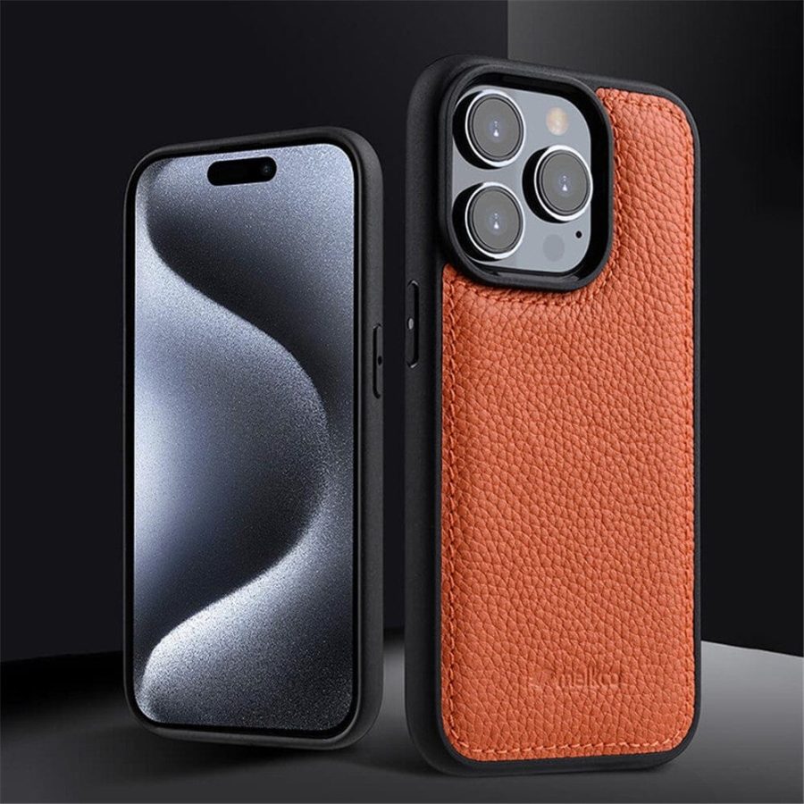 MELKCO For iPhone 15 Pro Max Case Genuine Leather Coated Phone Cover