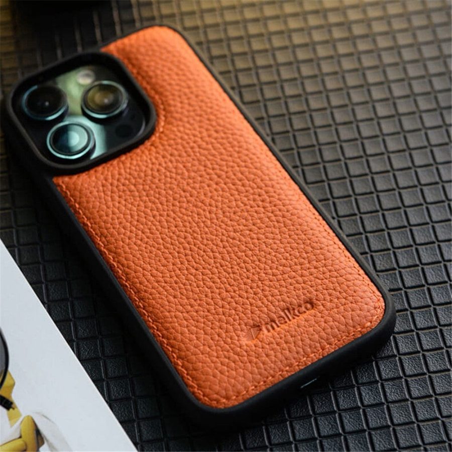 MELKCO For iPhone 15 Pro Max Case Genuine Leather Coated Phone Cover