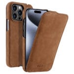 MELKCO For iPhone 15 Pro Max Flip Case Genuine Leather Vertical Phone Cover