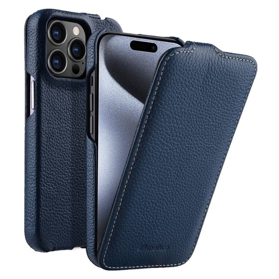 MELKCO For iPhone 15 Pro Max Flip Case Genuine Leather Vertical Phone Cover