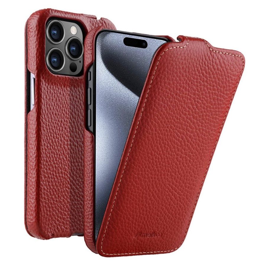 MELKCO For iPhone 15 Pro Max Flip Case Genuine Leather Vertical Phone Cover