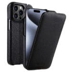 MELKCO For iPhone 15 Pro Flip Case Genuine Leather Vertical Phone Cover