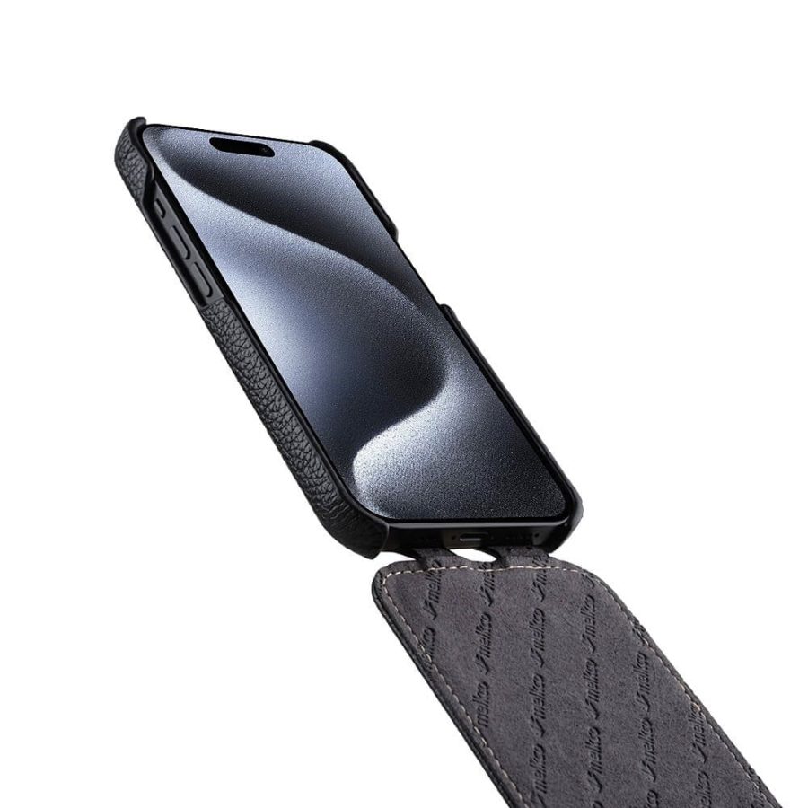 MELKCO For iPhone 15 Pro Flip Case Genuine Leather Vertical Phone Cover