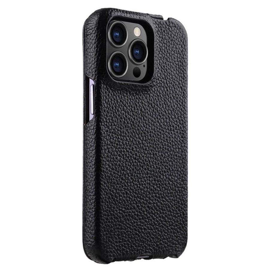 MELKCO For iPhone 15 Pro Flip Case Genuine Leather Vertical Phone Cover