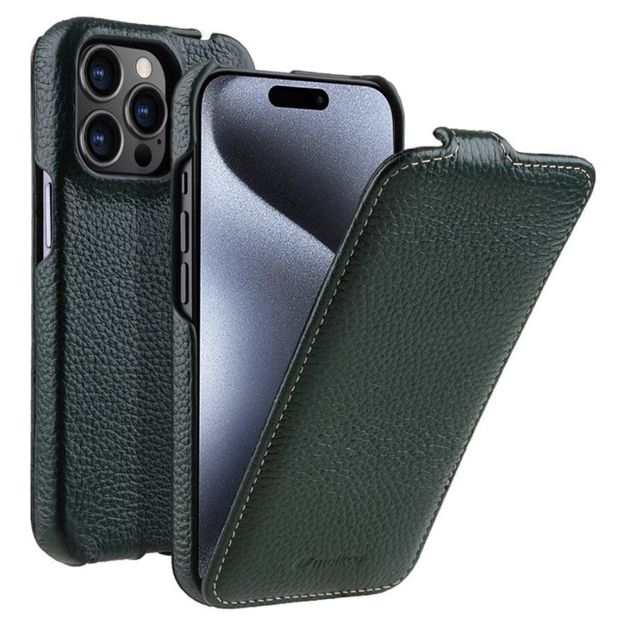 MELKCO For iPhone 15 Pro Flip Case Genuine Leather Vertical Phone Cover
